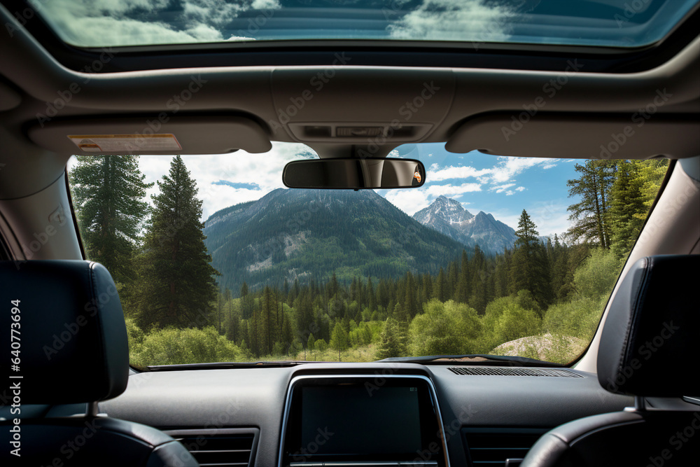 Generative AI picture of a mountain view from the interior of an electric vehicle passenger seat Generative AI picture of a mountain view from the interior of an electric vehicle passenger seat