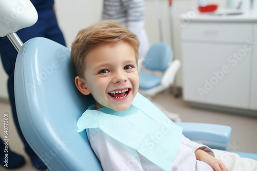 Generative AI photo of happy beautiful school aged child sitting on chair in dentist's office concept of dentist for the youngest patients