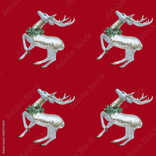 pattern reindeer. toy shiny deer - christmas toy. on a red background
