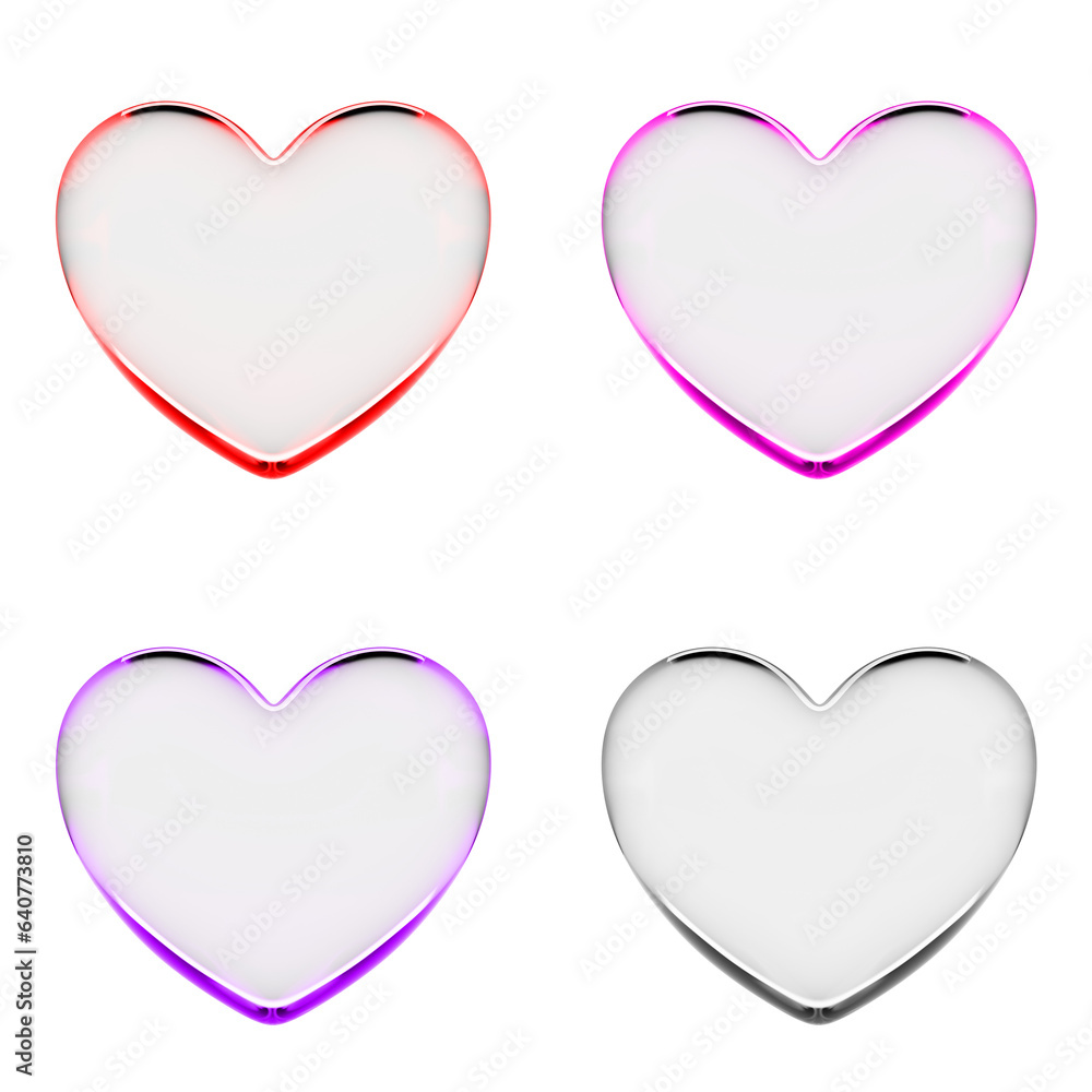 3d render of transparent red glass hearts. Isolated on black background