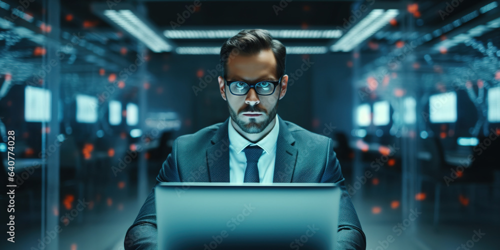 Confident successful businessman sitting at office desk and working with a laptop, looking at camera. Confident successful businessman sitting at office desk and working with a laptop, looking at camera.