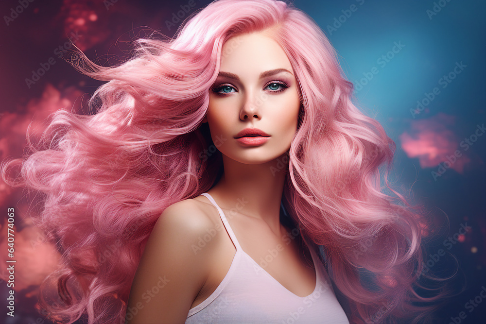 Generative AI portrait of natural beauty woman model demonstrating pink dyed hairstyle Generative AI portrait of natural beauty woman model demonstrating pink dyed hairstyle