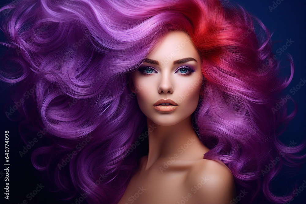 Generative AI portrait of natural beauty woman model showing flattering bright violet dyed hairstyle Generative AI portrait of natural beauty woman model showing flattering bright violet dyed hairstyle