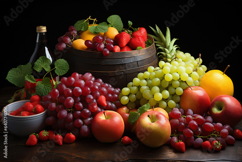 Wooden table heaped with mixed fresh fruit, grapes, apples, pineapple strawberries, dark background, AI generated