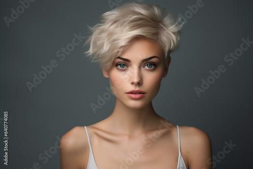 Generative AI picture portrait of young beautiful woman with short haircut styling