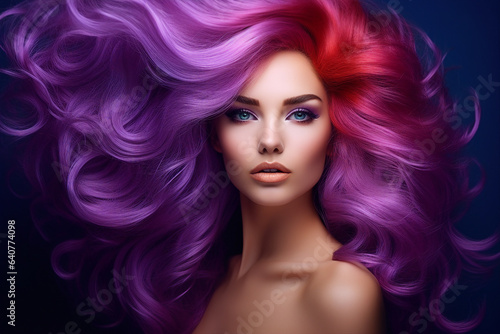 Generative AI portrait of natural beauty woman model showing flattering bright violet dyed hairstyle