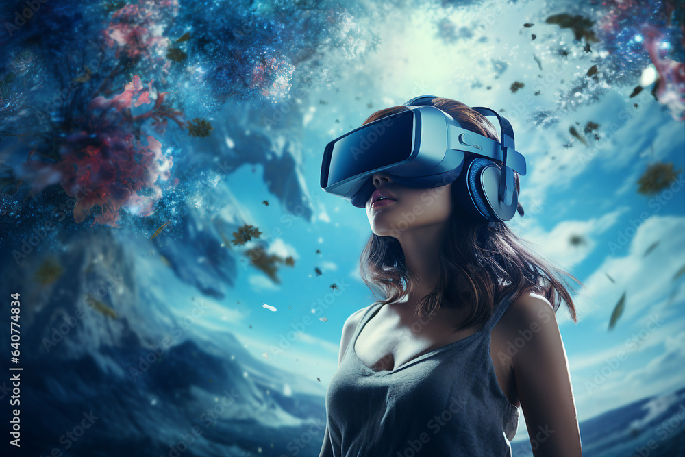Generative ai collage photo of gamer using device gadget for virtual reality mysterious world Generative ai collage photo of gamer using device gadget for virtual reality mysterious world