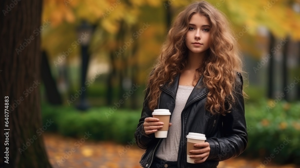 A woman in a leather jacket holding a cup of coffee A woman in a leather jacket holding a cup of coffee