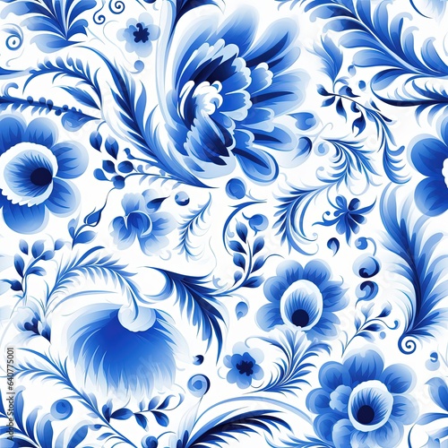 Seamless pattern with blue flowers in russian style. Gzhel. Generative ai. photo