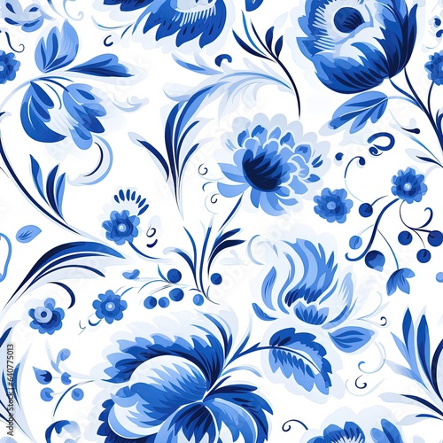 Seamless pattern with blue flowers in russian style. Gzhel. Generative ai.