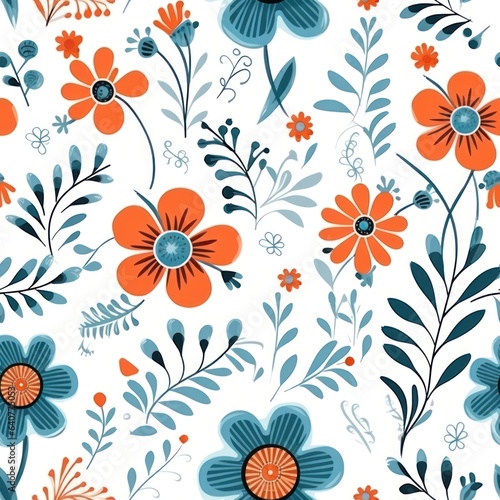 Seamless pattern with red and blue flowers on a white background. Generative ai.