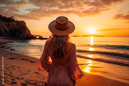 Young woman traveler peacefully enjoying a beautiful sunset on a serene beach during summer vacation 