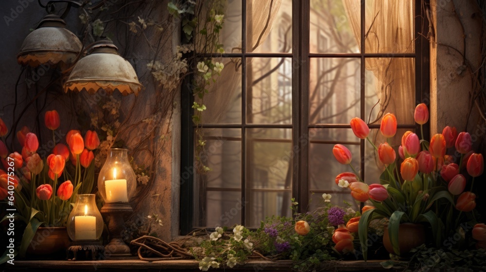 A window sill filled with lots of flowers and candles A window sill filled with lots of flowers and candles