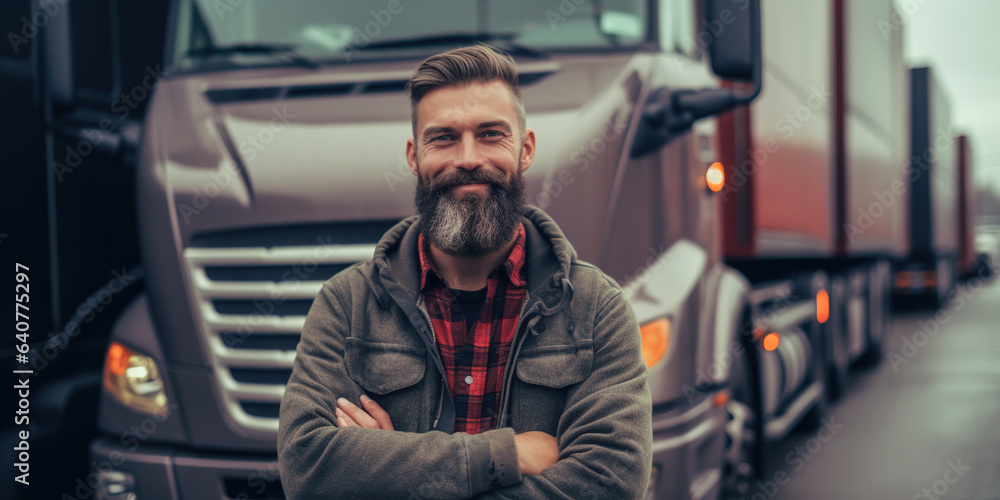 Male driver is looking at the camera and standing in front of the lorry. Mature bearded man with crossed arms posing near his truck vehicle.