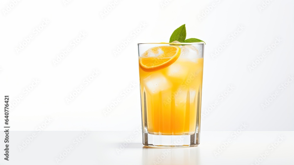 Image of a transparent glass filled with fresh juice on a white background. Image of a transparent glass filled with fresh juice on a white background.