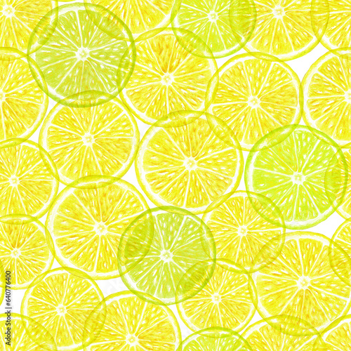 Lemon lime slice seamless pattern. Watercolor pencil illustration. Summer yellow citrus textural print. Translucent fruits background