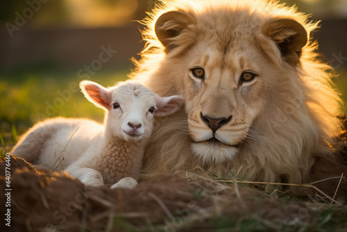 A lion and a lamb peacefully coexist in harmony  photo