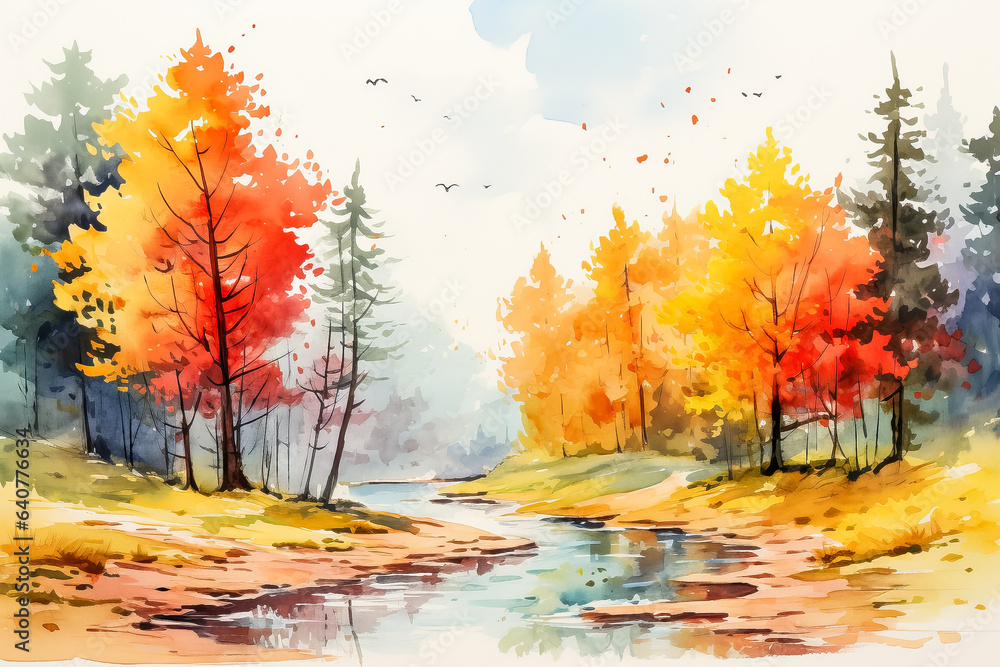Autumn watercolor illustrates a colorful landscape with orange red and yellow trees capturing the essence of the fall season for a postcard 