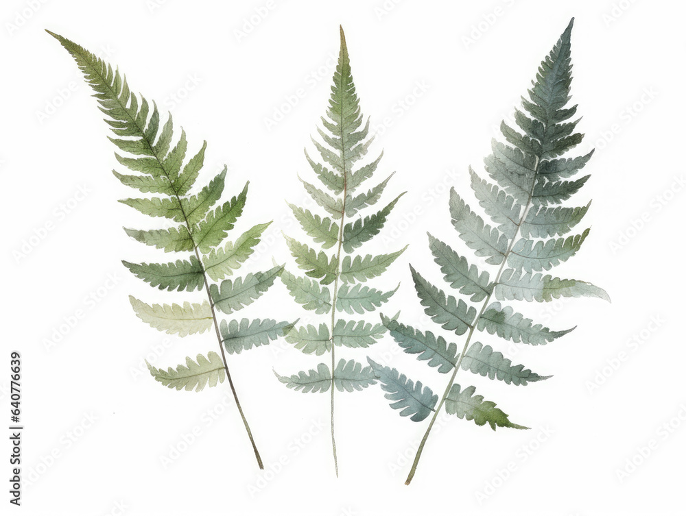 Ai Generated Art A Watercolor Painting of three Abstract Fern Leaves on the White Background in Bright Pastel Sage Green Colors