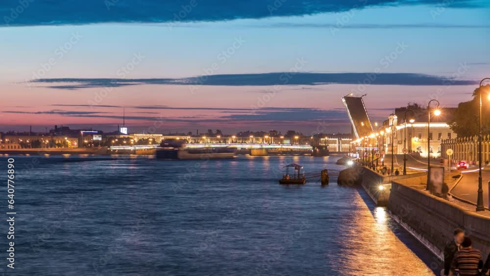 St. Petersburg's white night phenomenon: Timelapse panorama reveals the Liteyny Bridge span lifted over the Neva River. Viewed from Trinity Bridge, with the embankment enhancing the scene