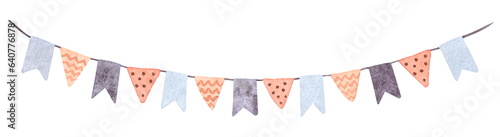 A hand-drawn watercolor illustration of a festive garland of orange and purple flags isolated on a white background.
