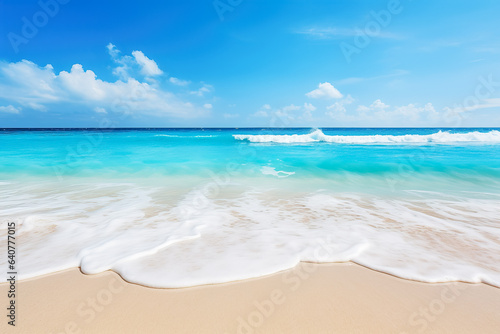 Gentle sea waves against a backdrop of pristine white sandy beach 