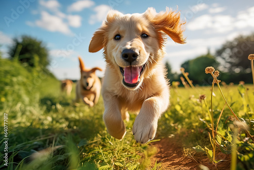 Energetic golden retriever puppy runs freely across a green field 