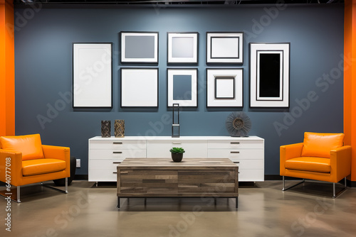 Gray wall adorned with various-sized frames mockup 