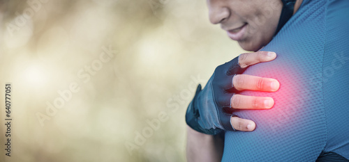 Man, cycling or muscle injury, shoulder pain or emergency in training, fitness or exercise on mockup space. Cyclist, accident or closeup of hand on arm problem in workout, race or activity in nature