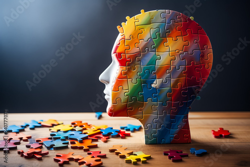 Human head profile and jigsaw puzzle representing cognitive psychology or psychotherapy mental health brain problem personality disorder created with tools
