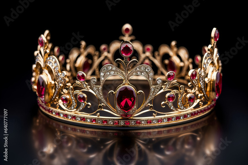 Isolated gold crown with red jewels depicting a medieval design placed on a white background 