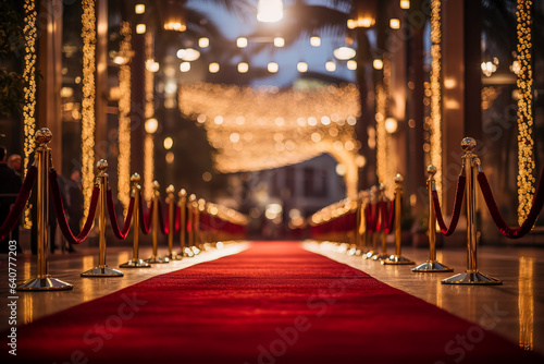 Red carpet rolls out before a backdrop of a glamorous movie premiere 