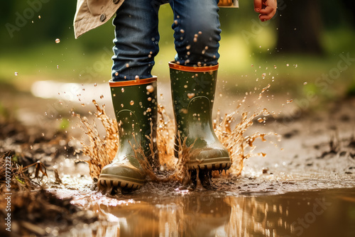 Rubber boots rain puddle and a fun lifestyle kid  splashing in puddles with feet  photo