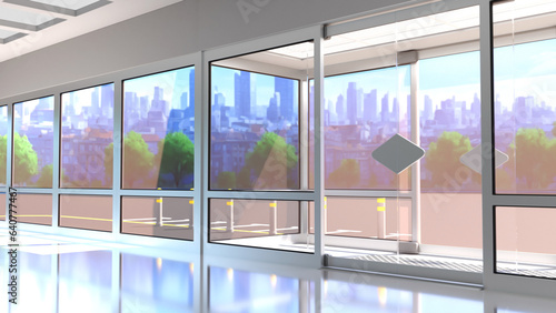 Sunlit hall  large windows and the city in the distance. 3d illustration