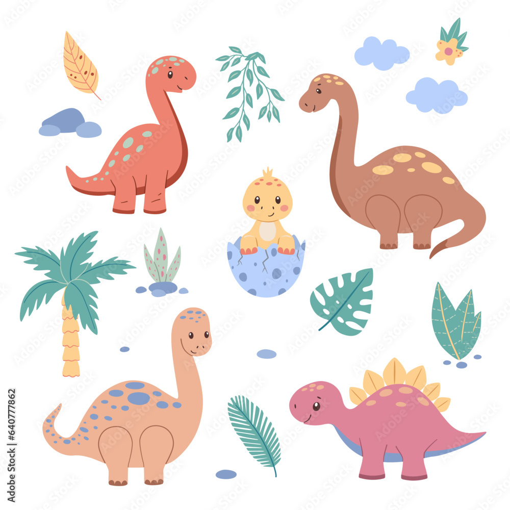 Set with cute dinosaurs and tropical plants. Childish vector illustration with clipart elements for design. Set with cute dinosaurs and tropical plants. Childish vector illustration with clipart elements for design.