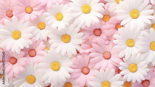  a bunch of white and pink flowers with yellow centers and petals.  generative ai