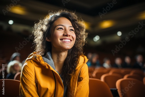 Eine lächelnde Studentin mit dunklen Haaren und gelber Jacke sitzt im Auditorium oder Hörsaal in der Universität und hört sich interessiert und glücklich die Vorlesung an photo