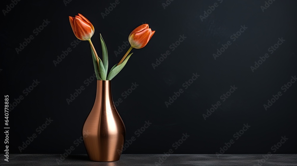two orange tulips in a copper vase on a table. generative ai two orange tulips in a copper vase on a table. generative ai