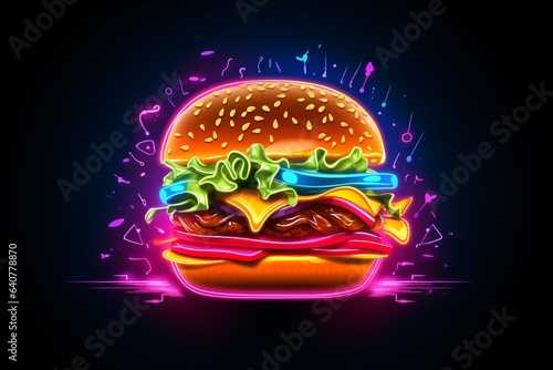 A graphic neon icon of a burger isolated on a black background