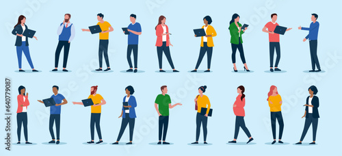 Flat design business people collection - Set of vector illustrations with various diverse businessmen and businesswomen doing office work with computers and devices on blue background