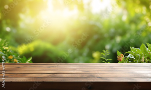 Wood table in front of green nature garden for product display, copy space