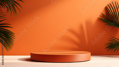 Minimal orange product podium display  tropical ambient with palm leaf shadow. Natural cosmetic product display.