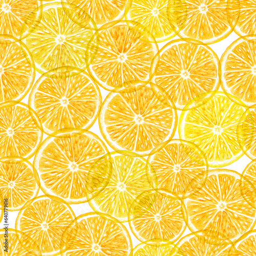 Orange transparent slice seamless pattern Watercolor pencil illustration Summer citrus textural print Translucent fruits background