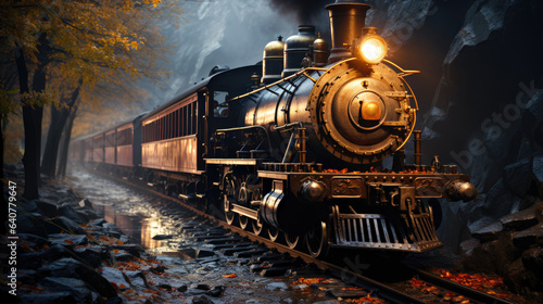 A steam engine train traveling down train tracks. Digital image.