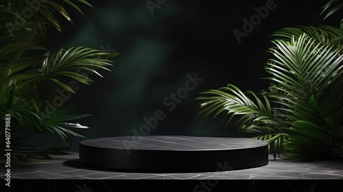 Black Marble product display podium with palm nature leaves background for product presentation
