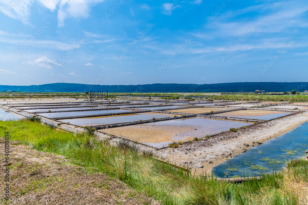 A close up of crystallisation pools at the salt pans at Secovlje, near to Piran, Slovenia in summertime A close up of crystallisation pools at the salt pans at Secovlje, near to Piran, Slovenia in summertime
