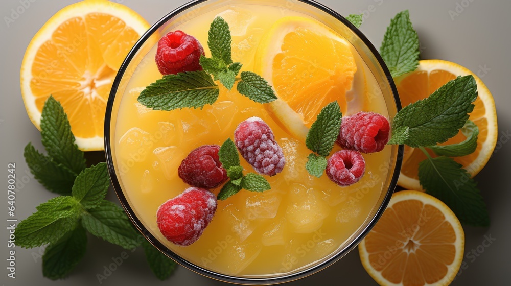 A creative top view of a glass of tropical fruit juice showing its refreshing essence on a white background. A creative top view of a glass of tropical fruit juice showing its refreshing essence on a white background.
