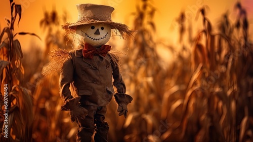 Scarecrow in an autumnal field, orange and golden light to scare birds. Halloween, harvest, thanksgiving cute illustration for banner, card. © Caphira Lescante