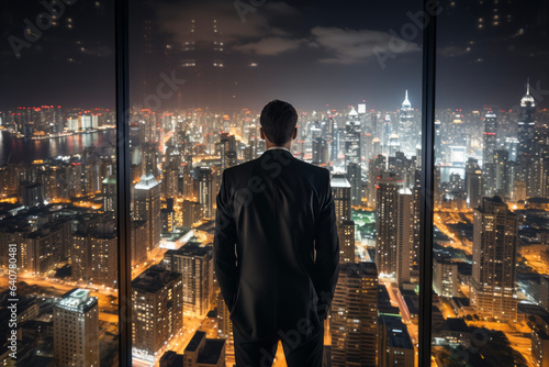 A businessman looks down at the night cityscape view of a building from his office window. Business concept suitable for success and career advancement.