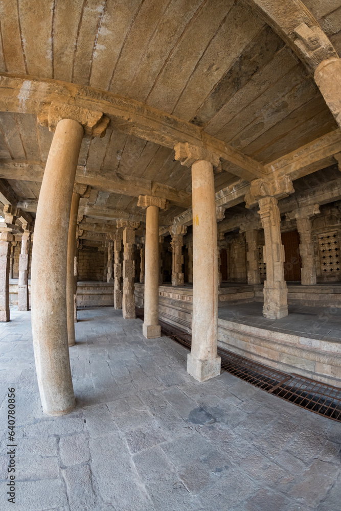 Pillared hall in Airavatesvara Temple, Darasuram, Tamil Nadu, India. One of Great Living Chola Temples - UNESCO World Heritage Site